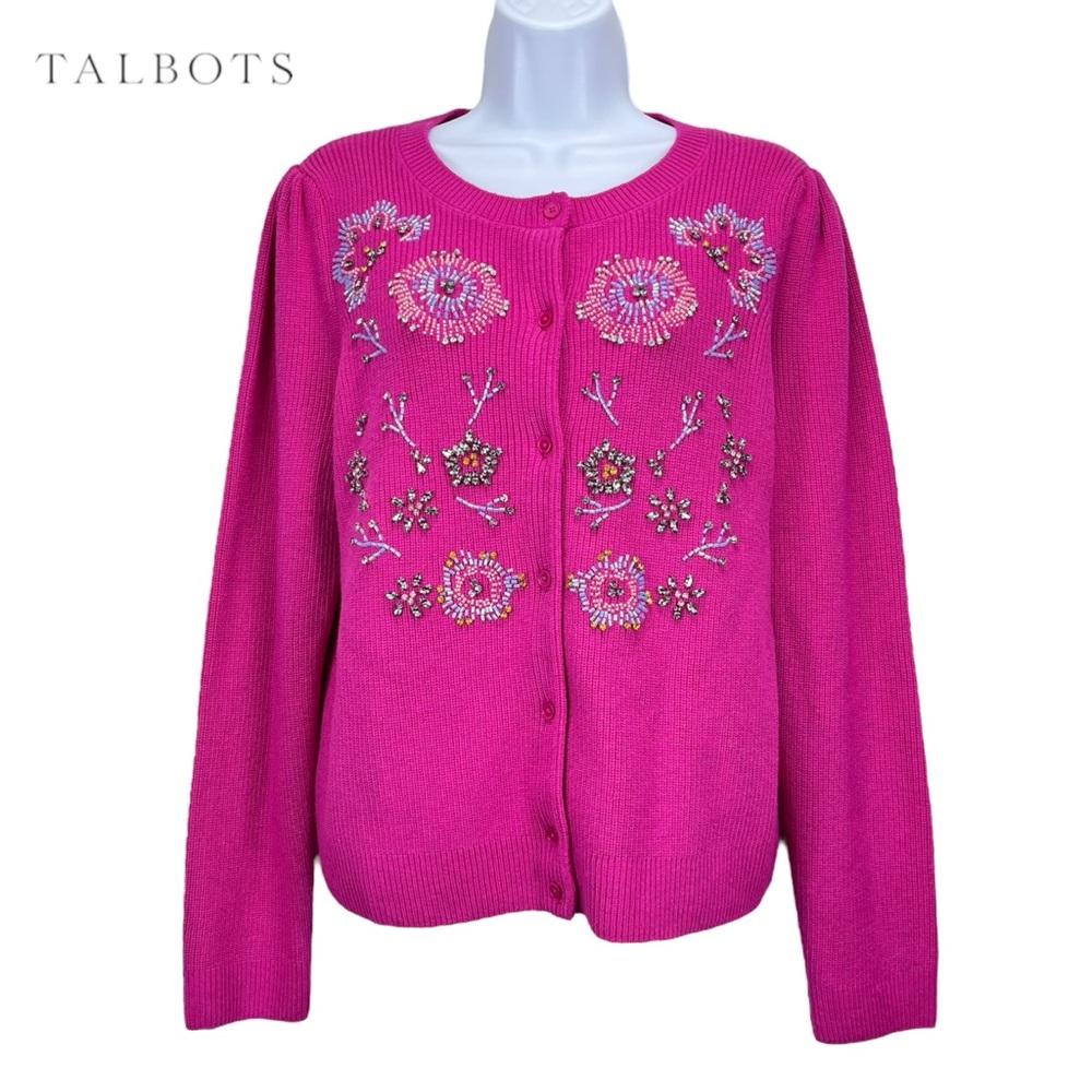 Talbot‎ Women’s Large Embellished Winter Blooms Cardigan Crewneck Knit Sweater